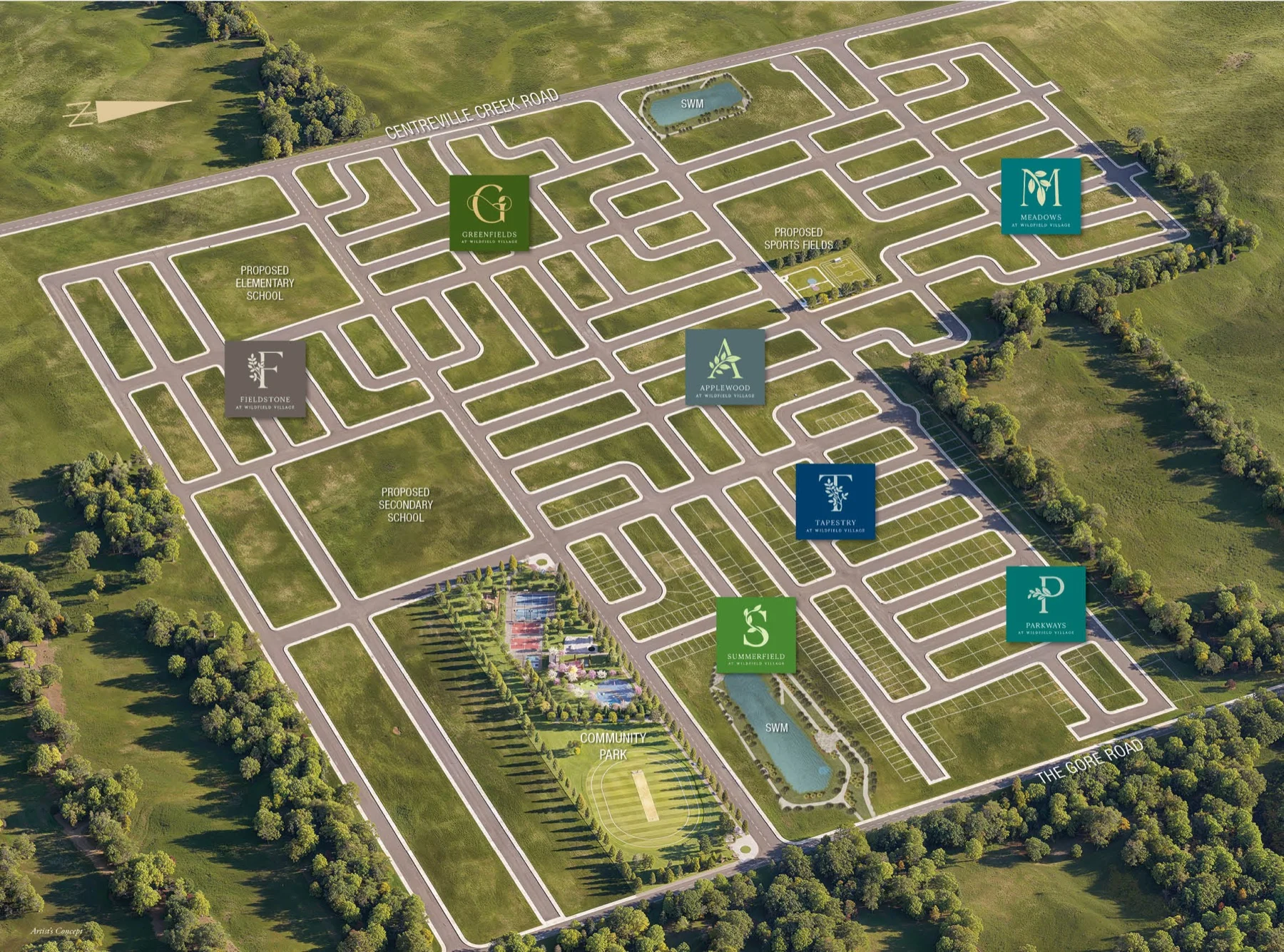 Wildfield Village Caledon master plan showing neighbourhoods, schools, parks and stormwater ponds
