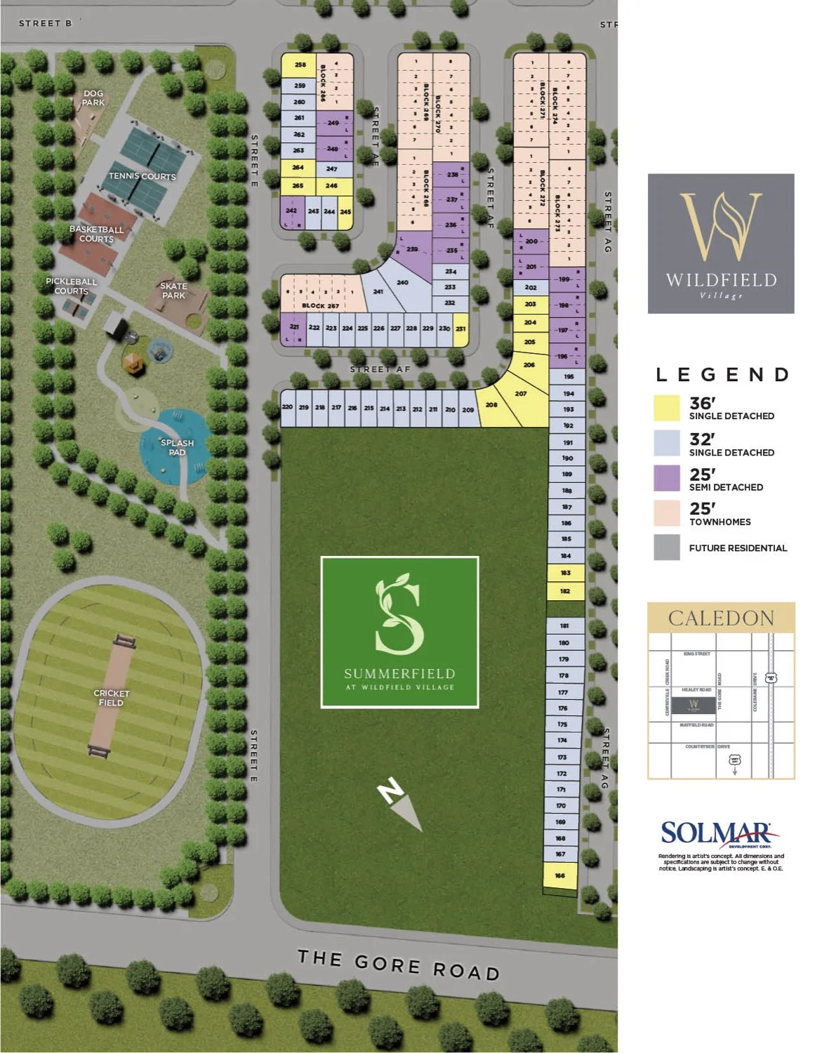 Summerfield at Wildfield Village Phase 1 site plan with Townhomes, Semi-Detached, and Detached Homes